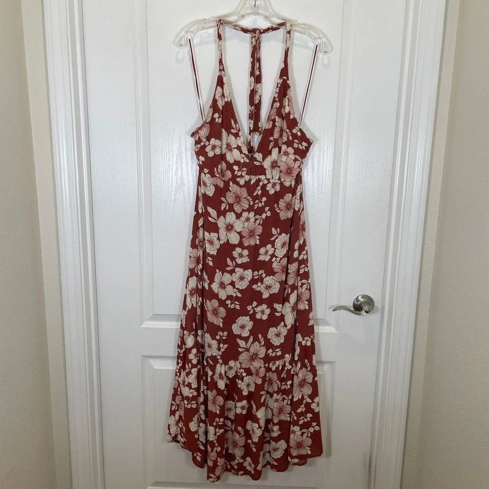 Abercrombie & Fitch Floral Maxi Dress Tie Strap Rust Brown White Tiered M Petite